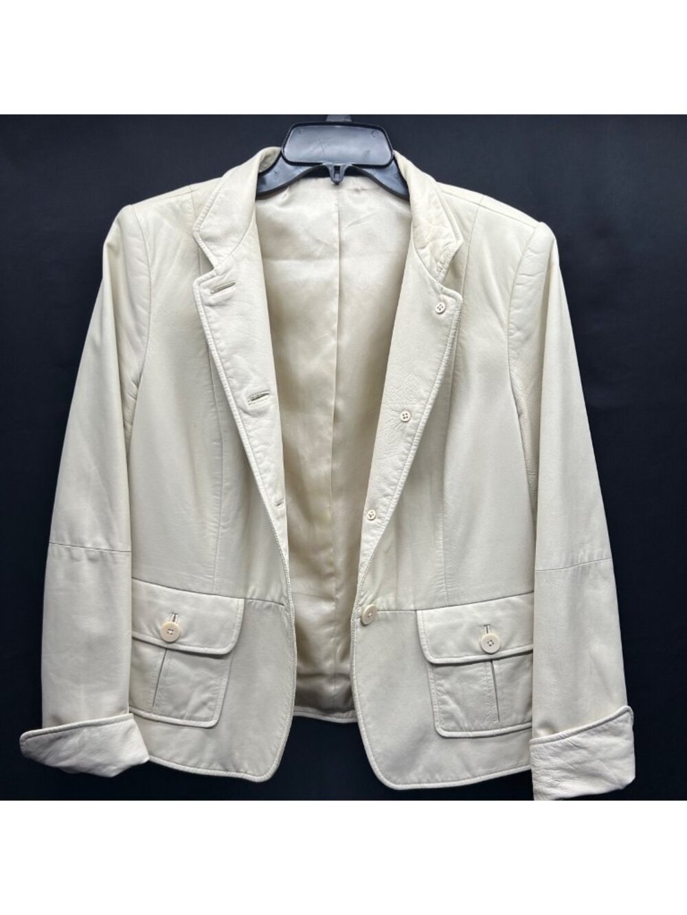 Linda Allard Ellen Tracy Womens Cream Leather Blazer Jacket With Button Front &